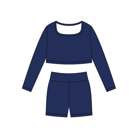 ( Moq 5 ) Preorder Baby Girls Navy Long Sleeves Shirt Shorts Yoga Active Clothes Set