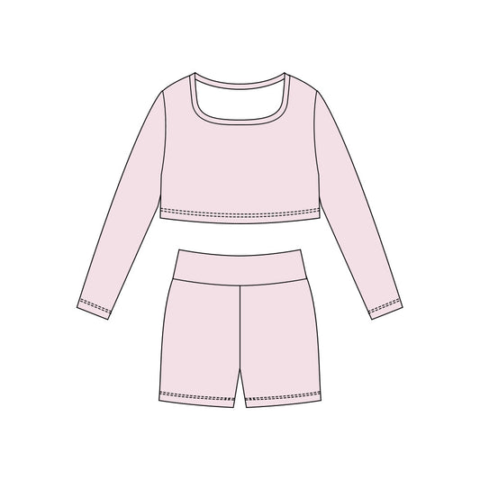 ( Moq 5 ) Preorder Baby Girls Light Pink Long Sleeves Shirt Shorts Yoga Active Clothes Set