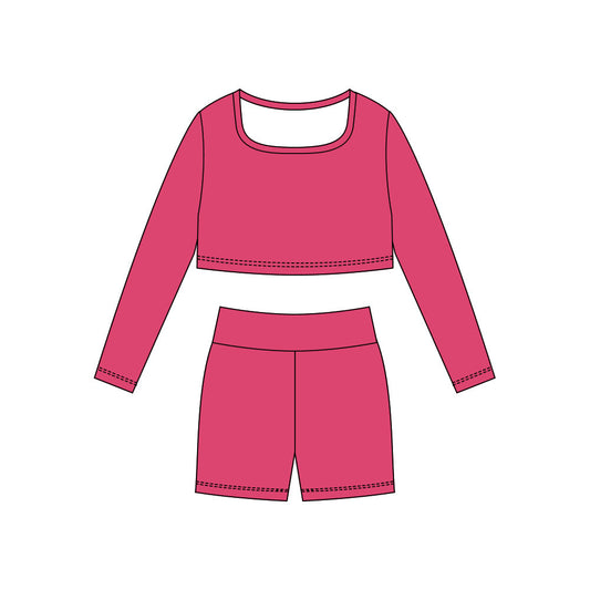 ( Moq 5 ) Preorder Baby Girls Pink Long Sleeves Shirt Shorts Yoga Active Clothes Set