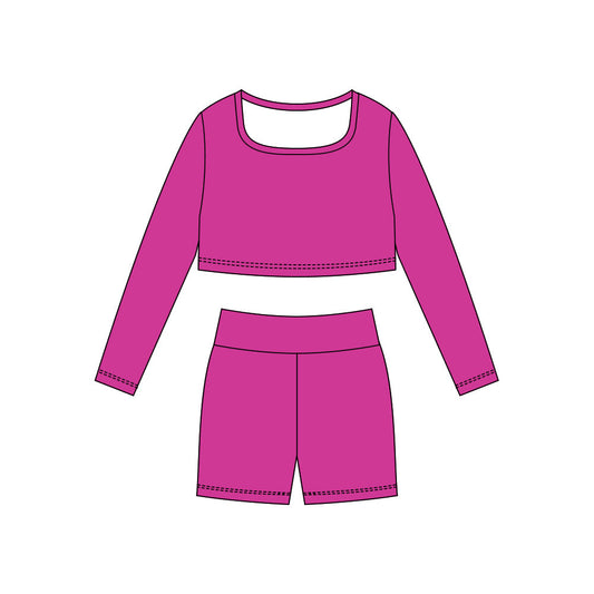 ( Moq 5 ) Preorder Baby Girls Hot Pink Long Sleeves Shirt Shorts Yoga Active Clothes Set