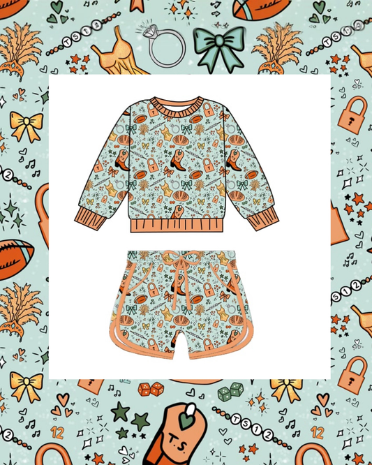 ( Moq 5 ) Preorder Baby Girls Short Sleeves Football Bows Boots Shirt Shorts Clothes Set