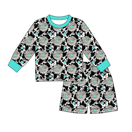 ( Moq 5 ) Preorder Baby Girls Short Sleeves Turquoise Western Print Shirt Shorts Clothes Set