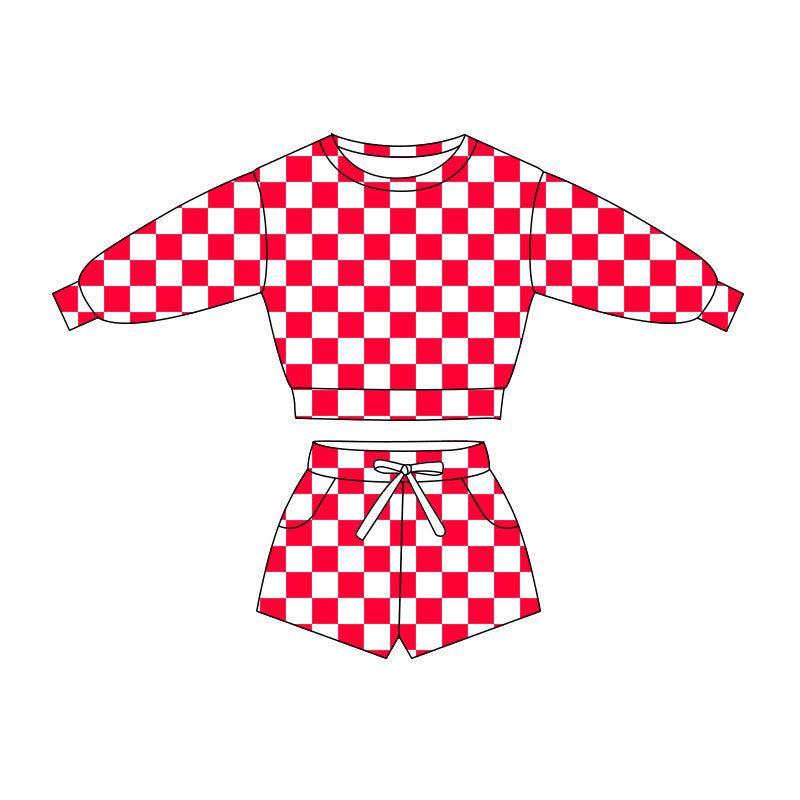 ( Moq 5 ) Preorder Baby Girls Long Sleeves Red Checked Shirt Pockets Shorts Clothes Set