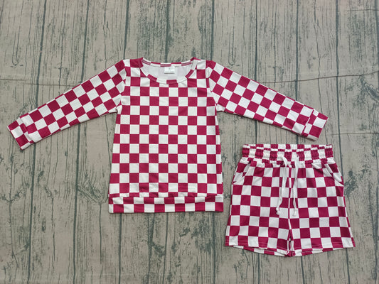 ( No moq ) Preorder Baby Girls Long Sleeves Dark Red Checked Shirt Pockets Shorts Clothes Set