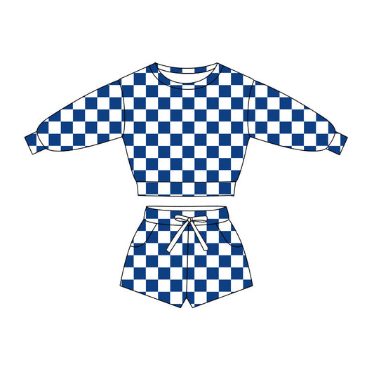 ( Moq 5 ) Preorder Baby Girls Long Sleeve Shirt Blue Checked Pockets Shorts Girls Clothes Set