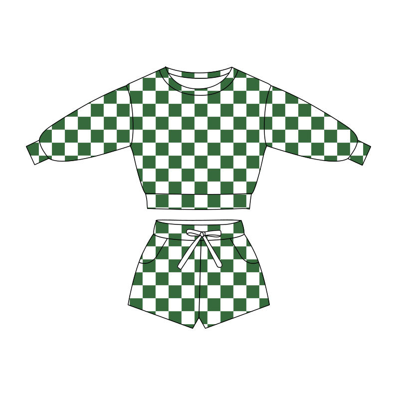 ( Moq 5 ) Preorder Baby Girls Long Sleeves Green Checked Shirt Pockets Shorts Clothes Set