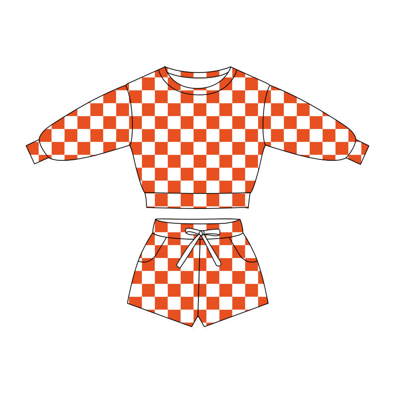 ( Moq 5 ) Preorder Baby Girls Long Sleeves Orange Checked Shirt Pockets Shorts Clothes Set