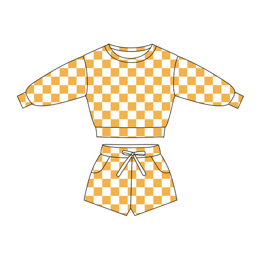 ( Moq 5 ) Preorder Baby Girls Long Sleeve Shirt Yellow Checked Pockets Shorts Girls Clothes Set