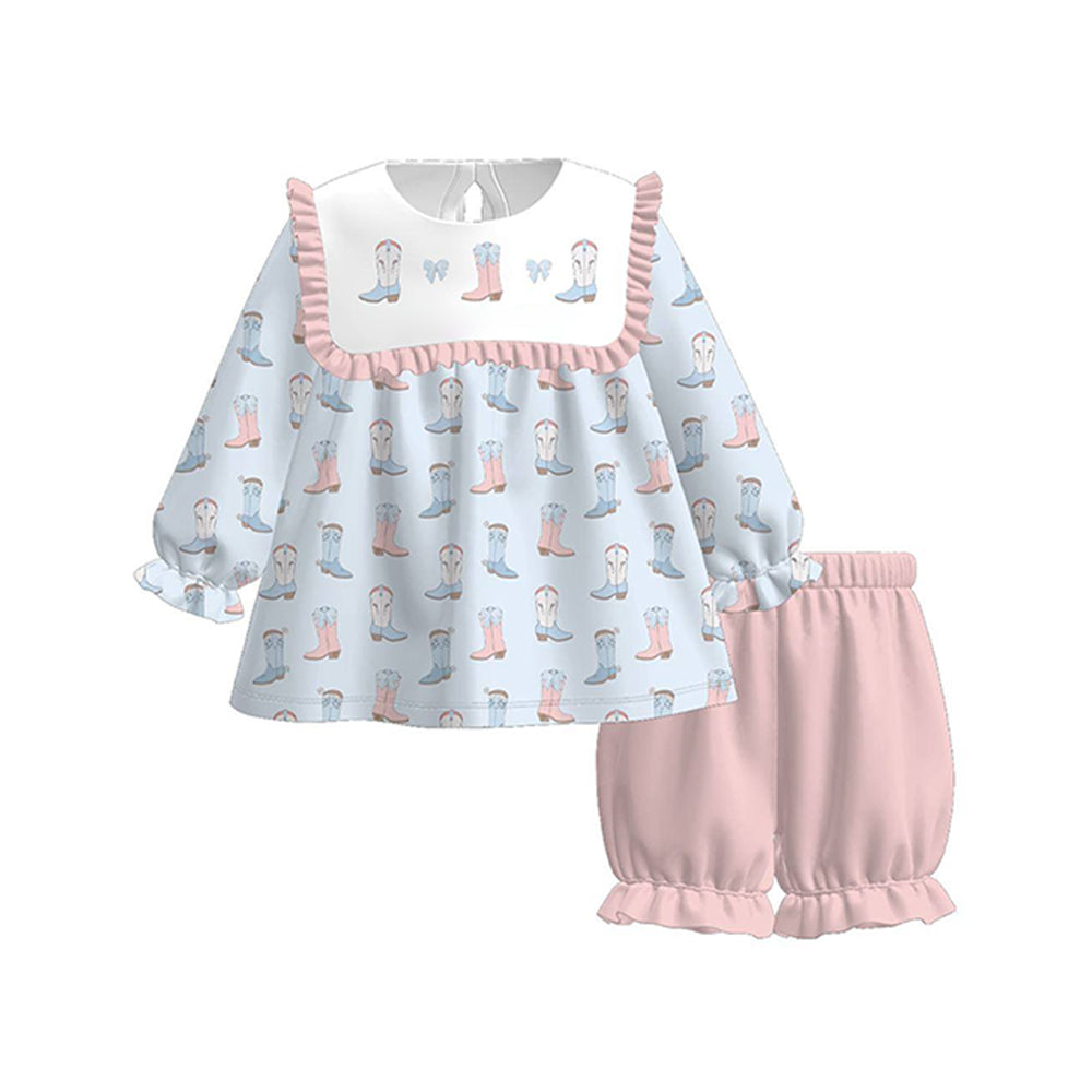 ( Moq 5 ) Preorder Baby Girls Kids Long Sleeves Bows Tops Pink Shorts Set