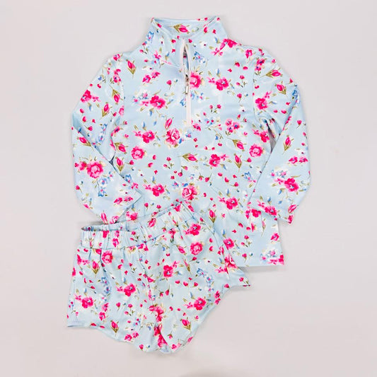 ( Moq 5 ) Preorder Baby Girls Long Sleeves Flower Zipper Tops Pockets Skirt Yoga Active Set