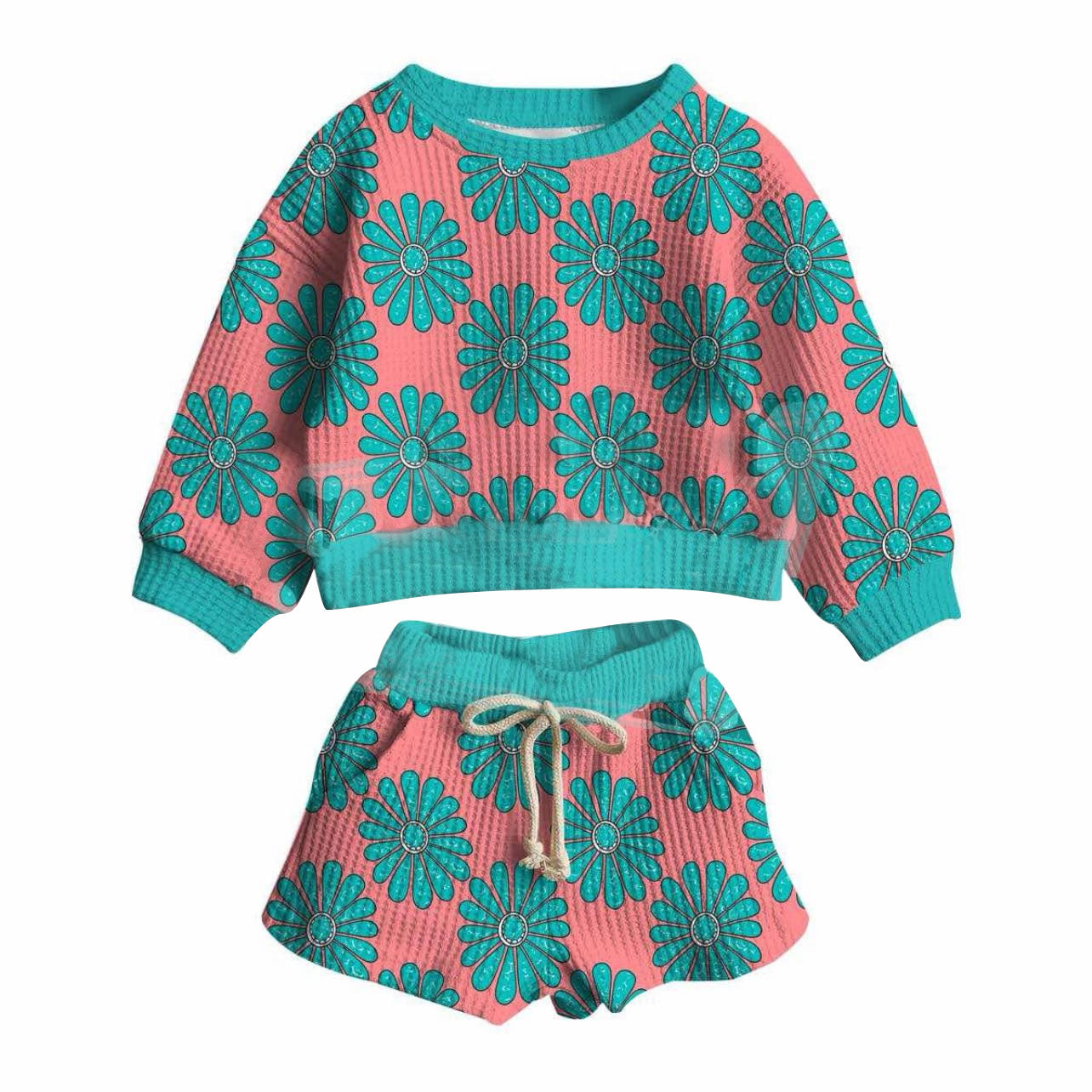( Moq 5 ) Preorder Baby Girls Long Sleeves Turquoises Tops Pockets Shorts Western Clothes Set