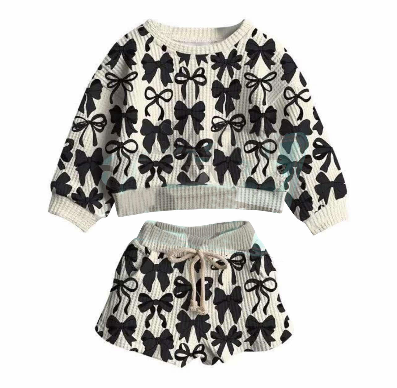 ( Moq 5 ) Preorder Baby Girls Long Sleeves Black Bows Tops Pockets Shorts Clothes Set