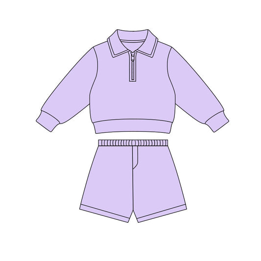 ( Moq 5 ) Preorder Baby Girls Lavender Long Sleeves Zipper Pullover Shirt Shorts Yoga Clothes Set