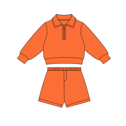 ( Moq 5 ) Preorder Baby Girls Orange Long Sleeves Zipper Pullover Shirt Shorts Yoga Clothes Set