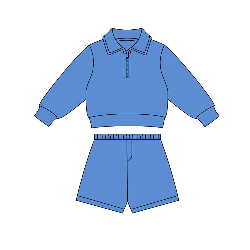 ( Moq 5 ) Preorder Baby Girls Blue Long Sleeves Zipper Pullover Shirt Shorts Yoga Clothes Set