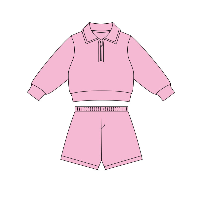 ( Moq 5 ) Preorder Baby Girls Pink Long Sleeves Zipper Pullover Shirt Shorts Yoga Clothes Set