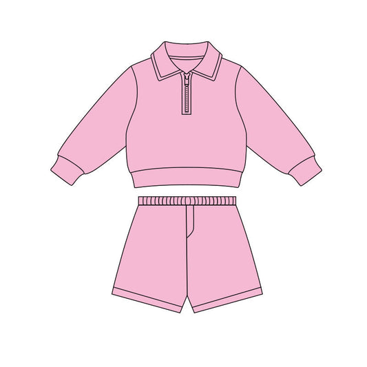 ( Moq 5 ) Preorder Baby Girls Pink Long Sleeves Zipper Pullover Shirt Shorts Yoga Clothes Set