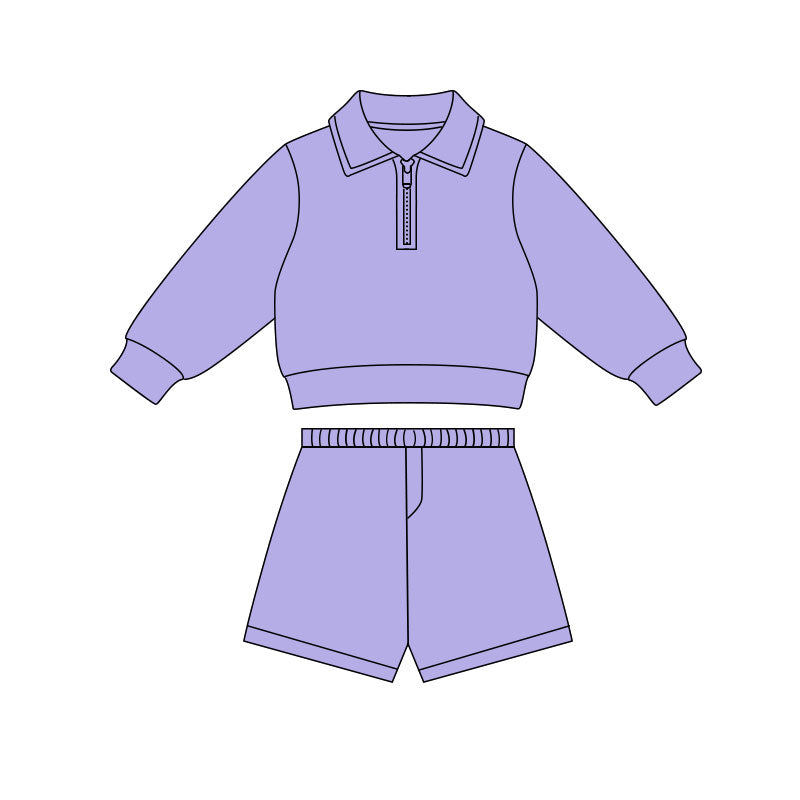 ( Moq 5 ) Preorder Baby Girls Purple Long Sleeves Zipper Pullover Shirt Shorts Yoga Clothes Set