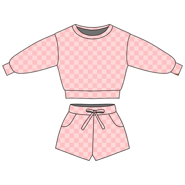 ( Moq 5 ) Preorder Baby Girls Kids Long Sleeves Checked Tops Pockets Shorts Pink Outfit