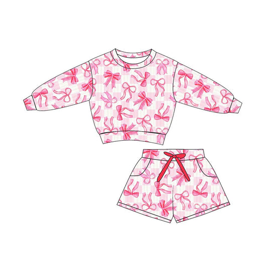 ( Moq 5 ) Preorder Baby Girls Long Sleeves Pink Bows Checked Tops Pockets Shorts Clothes Set