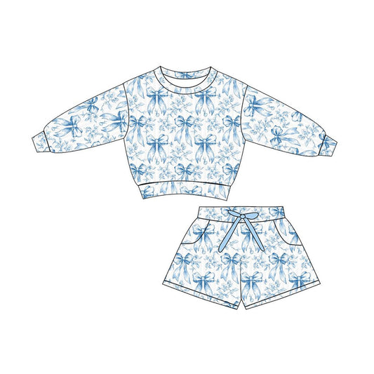 ( Moq 5 ) Preorder Baby Girls Long Sleeves Blue Bows Flower Tops Pockets Shorts Clothes Set