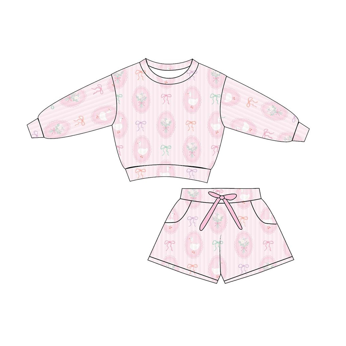 ( Moq 5 ) Preorder Baby Girls Kids Long Sleeves Ducks Bows Flower Tops Pockets Shorts Pink Outfit