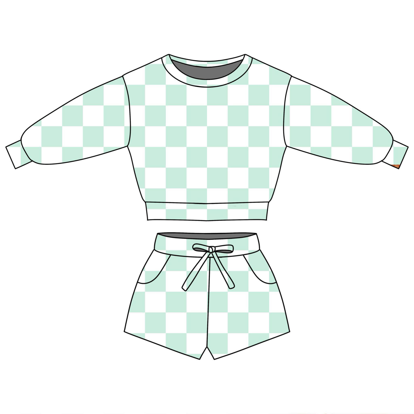 ( Moq 5 ) Preorder Baby Girls Long Sleeves Green Checked Tops Pockets Shorts Clothes Set
