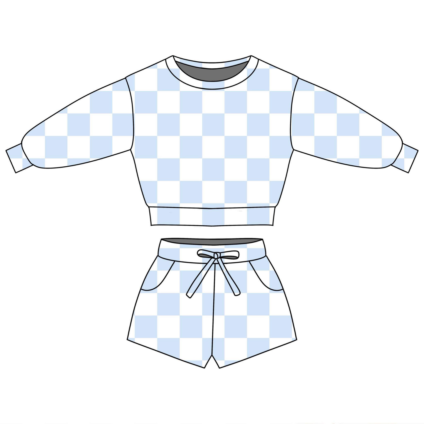 ( Moq 5 ) Preorder Baby Girls Long Sleeves Blue Checked Tops Pockets Shorts Clothes Set