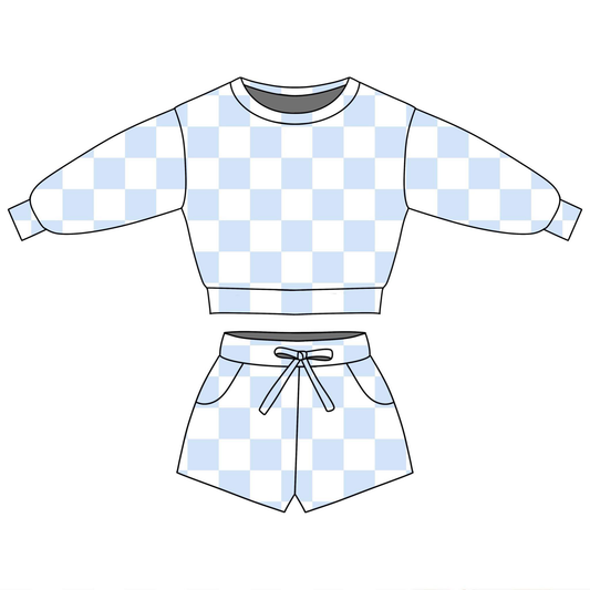 ( Moq 5 ) Preorder Baby Girls Long Sleeves Blue Checked Tops Pockets Shorts Clothes Set