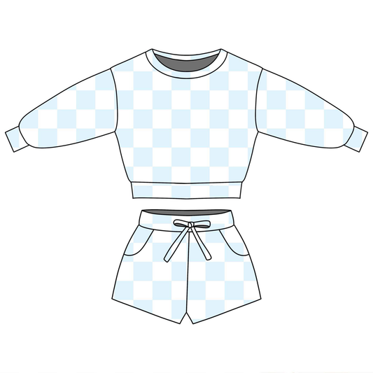 ( Moq 5 ) Preorder Baby Girls Long Sleeves Light Blue Checked Tops Pockets Shorts Clothes Set