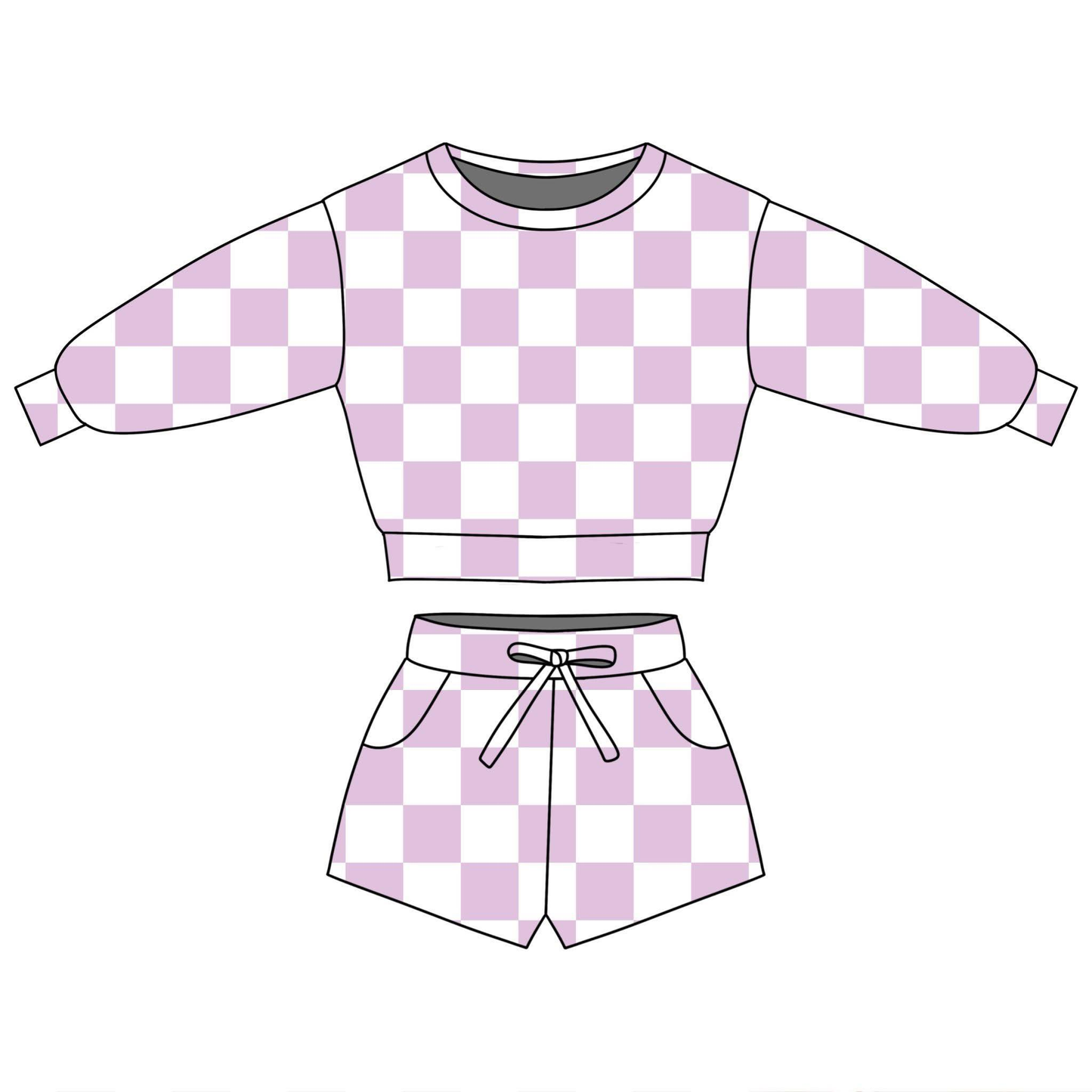 ( Moq 5 ) Preorder Baby Girls Long Sleeves Purple Checked Tops Pockets Shorts Clothes Set
