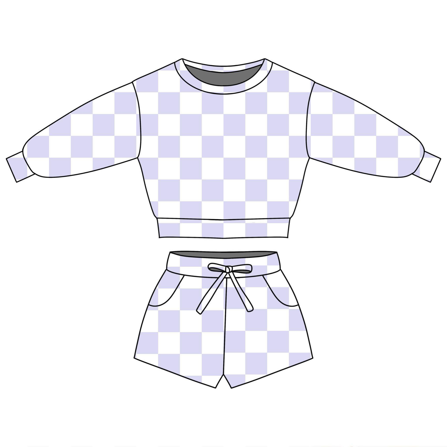( Moq 5 ) Preorder Baby Girls Long Sleeves Checked Tops Pockets Shorts Purple Clothes Set