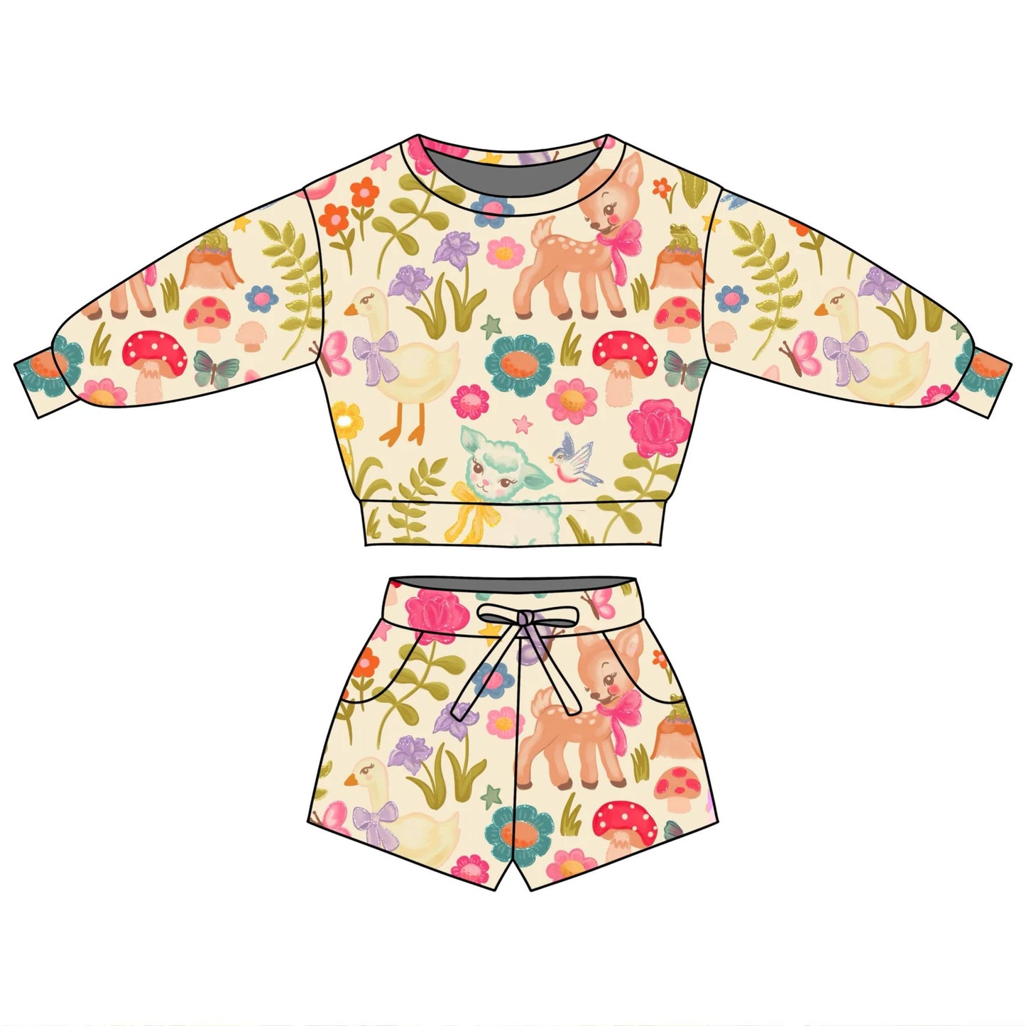 ( Moq 5 ) Preorder Baby Girls Long Sleeves Animals Flower Tops Pockets Shorts Clothes Set