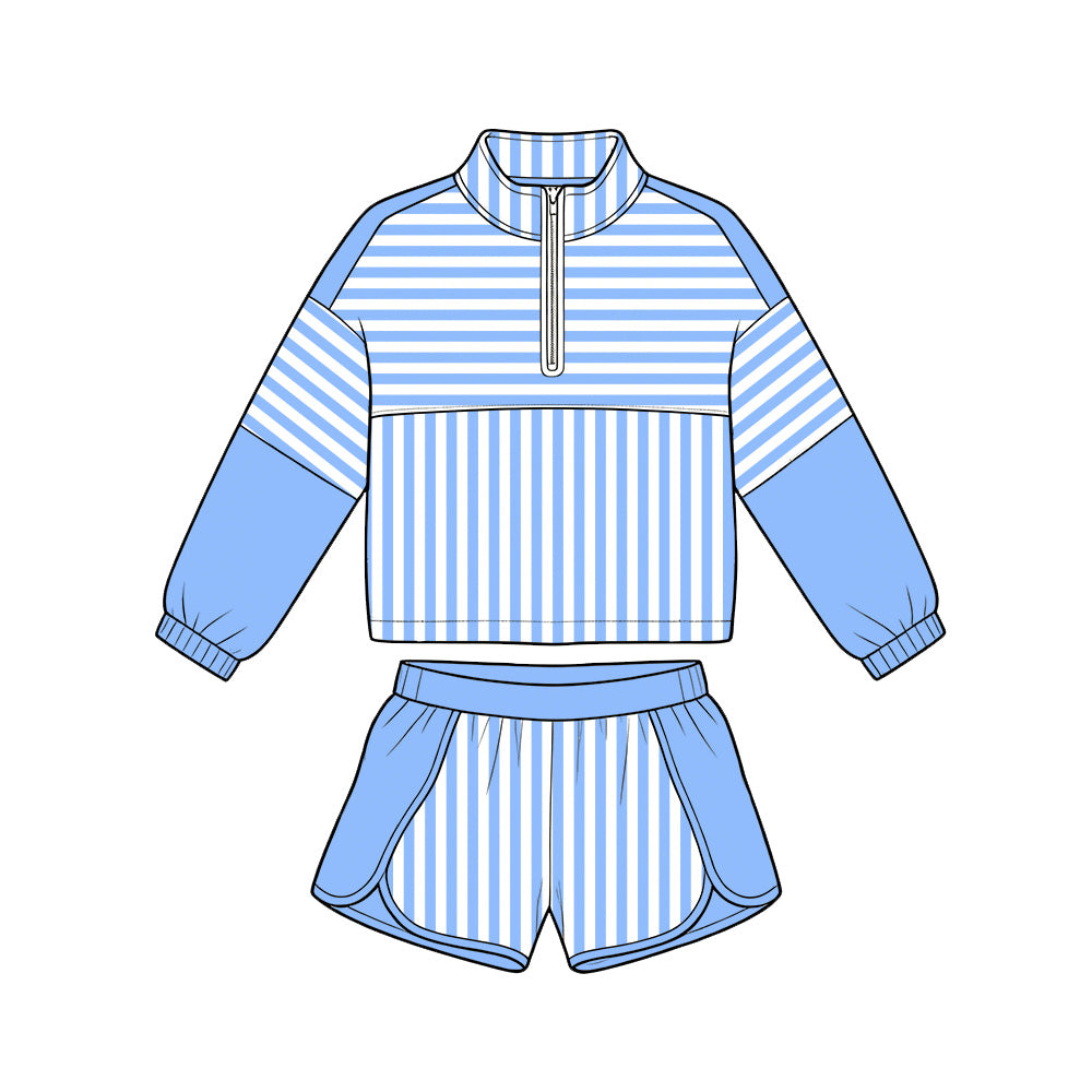( Moq 5 ) Preorder Baby Girls Kids Blue Stripes Zipper Pullover Shorts Yoga Active Set Clothes