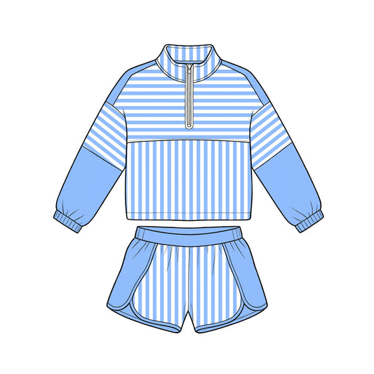 ( Moq 5 ) Preorder Baby Girls Kids Blue Stripes Zipper Pullover Shorts Yoga Active Set Clothes