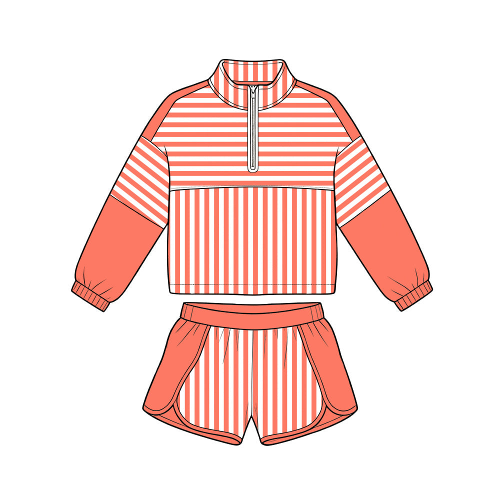( Moq 5 ) Preorder Baby Girls Kids Orange Stripes Zipper Pullover Shorts Yoga Active Set Clothes