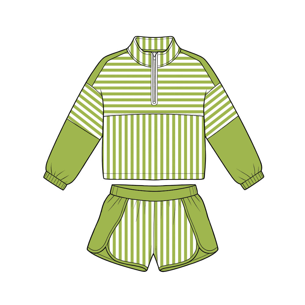 ( Moq 5 ) Preorder Baby Girls Kids Green Stripes Zipper Pullover Shorts Yoga Active Set Clothes