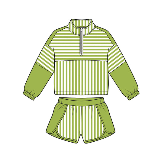 ( Moq 5 ) Preorder Baby Girls Kids Green Stripes Zipper Pullover Shorts Yoga Active Set Clothes