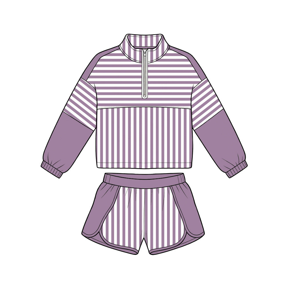 ( Moq 5 ) Preorder Baby Girls Kids Purple Stripes Zipper Pullover Shorts Yoga Active Set Clothes