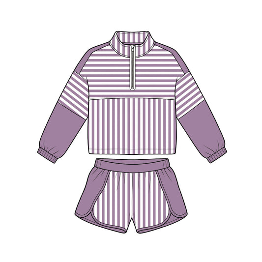 ( Moq 5 ) Preorder Baby Girls Kids Purple Stripes Zipper Pullover Shorts Yoga Active Set Clothes