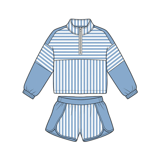 ( Moq 5 ) Preorder Baby Girls Kids Duck Blue Stripes Zipper Pullover Shorts Yoga Active Set Clothes