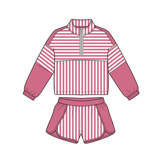 ( Moq 5 ) Preorder Baby Girls Kids Stripes Zipper Pullover Shorts Yoga Active Pink Set Clothes