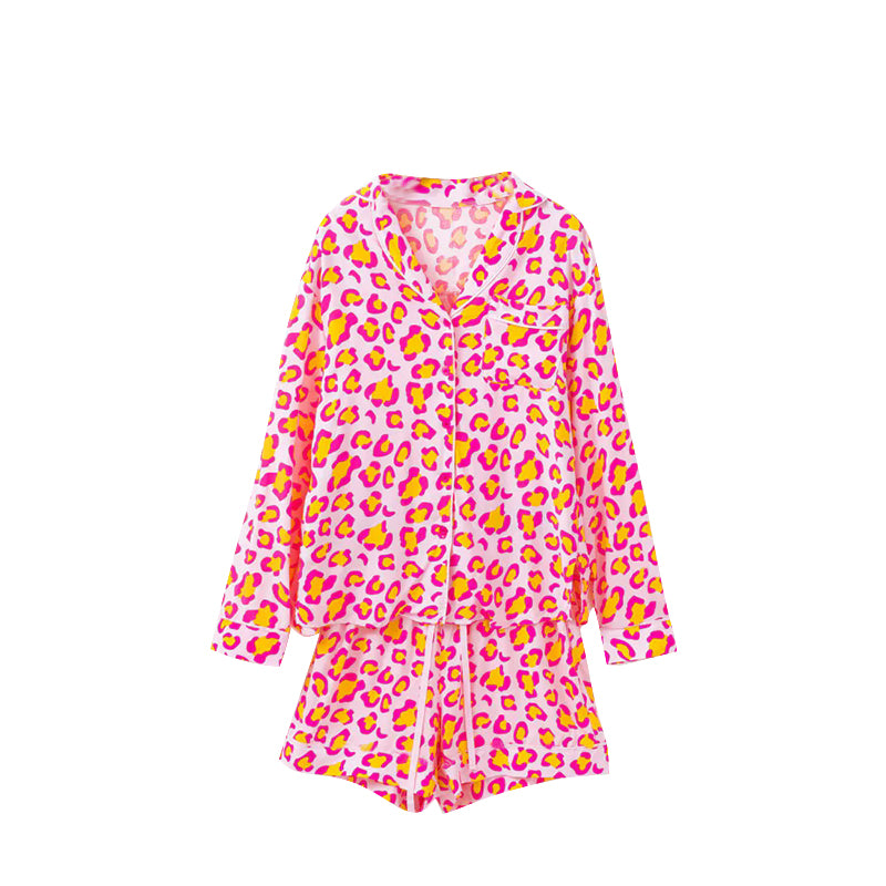 ( Moq 5 ) Preorder Adult Women Long Sleeves Leopard Buttons Tops Shorts Pajamas Pink Set