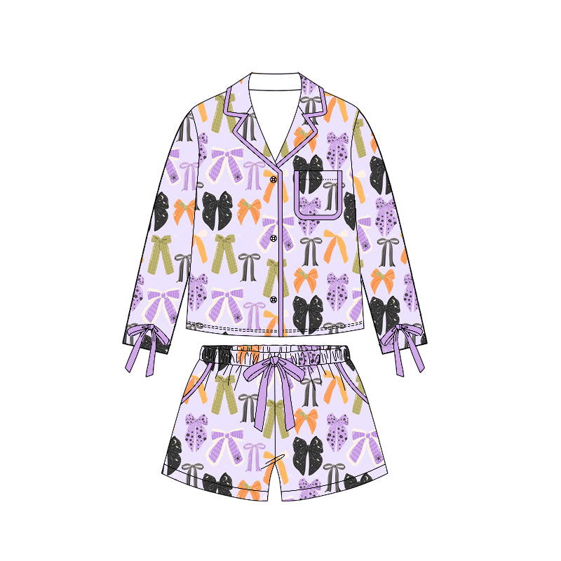 ( Moq 5 ) Preorder Adult Women Halloween Bows Buttons Tops Pockets Shorts Pajamas Purple Set