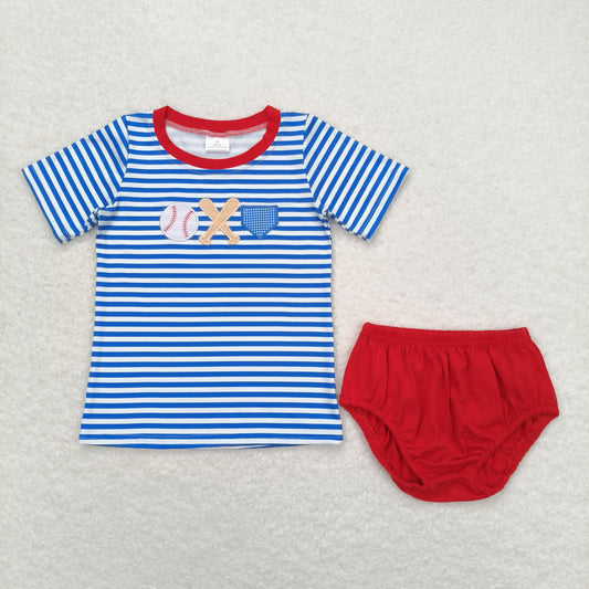 Baby Boy Short Sleeves Embroidery Baseball Stripes Shirt Red Bummies Shorts Set