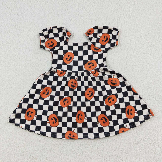 GLD0302 Baby Girl Halloween Short Sleeves Pumpkin Checkered Dress
