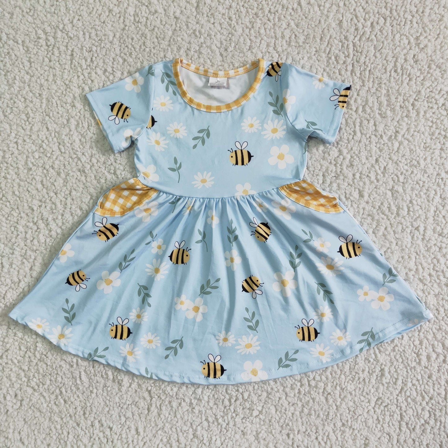 Promotion Baby Girl Short Sleeves Bee Flower Pockets Blue Dress