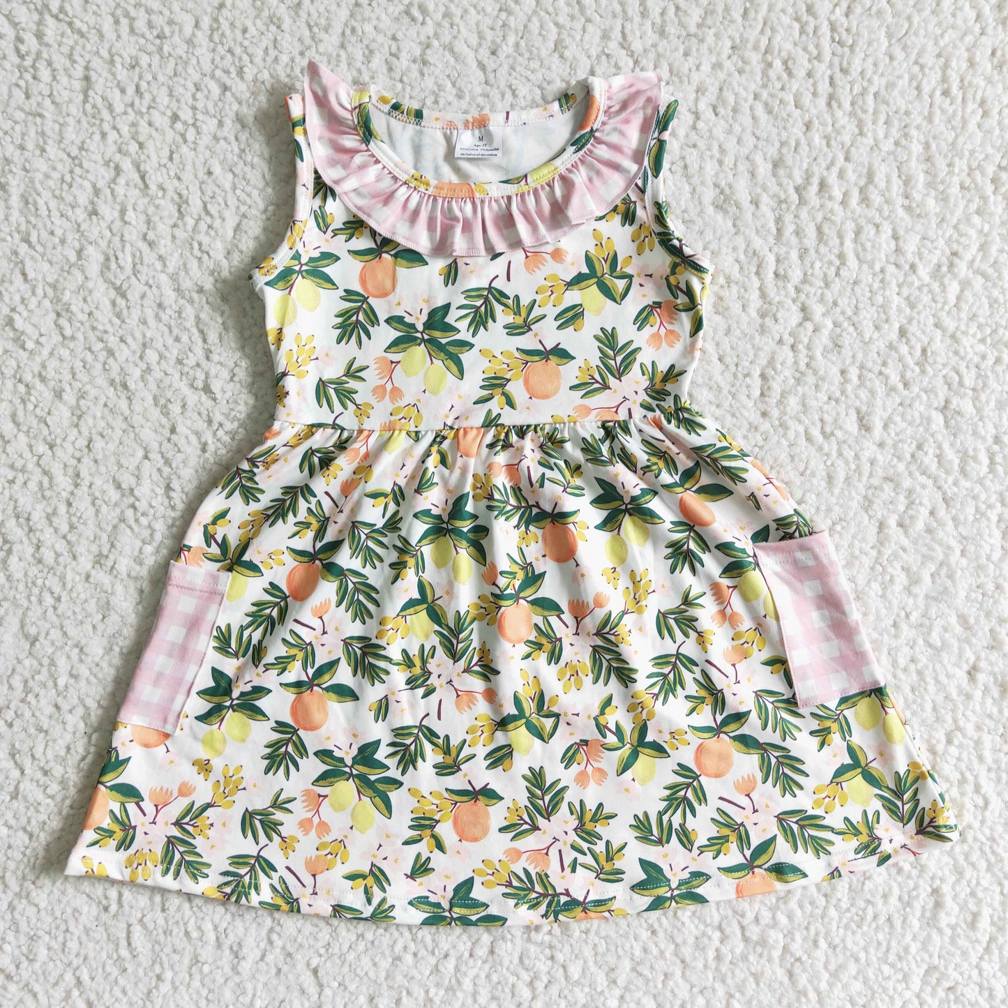 Promotion Baby Girl Sleeveless Peach Floral Pockets Dress RTS