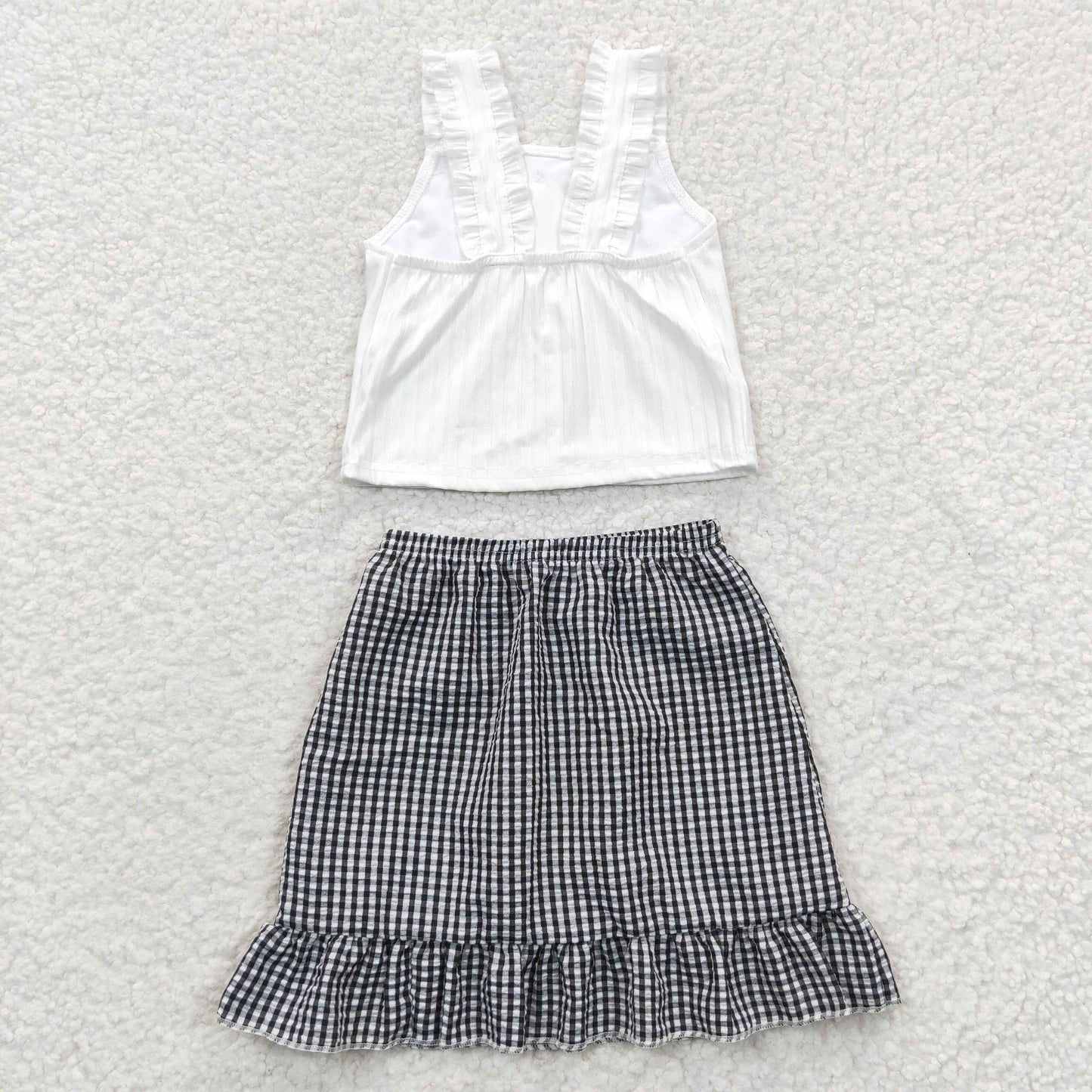 Promotion Baby Girl Sleeveless White Tops Plaid Skirt Outfit RTS