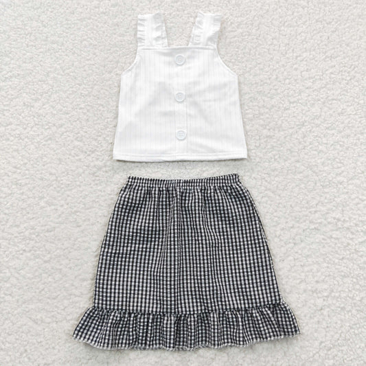Promotion Baby Girl Sleeveless White Tops Plaid Skirt Outfit RTS